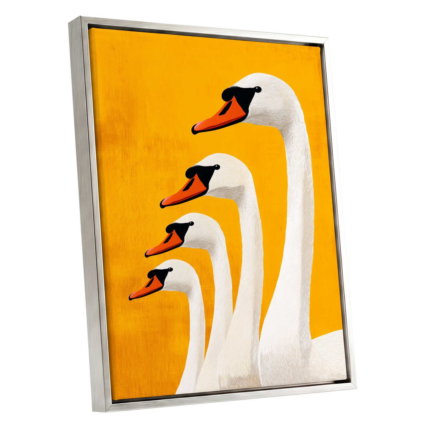 Golden Swan Procession, gold, orange, white nature wall art shown as a silver framed canvas wall art