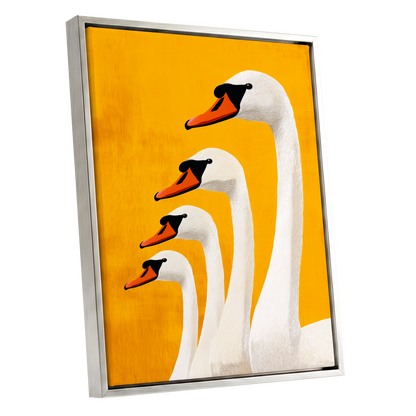 Golden Swan Procession, gold, orange, white nature wall art shown as a silver framed canvas wall art