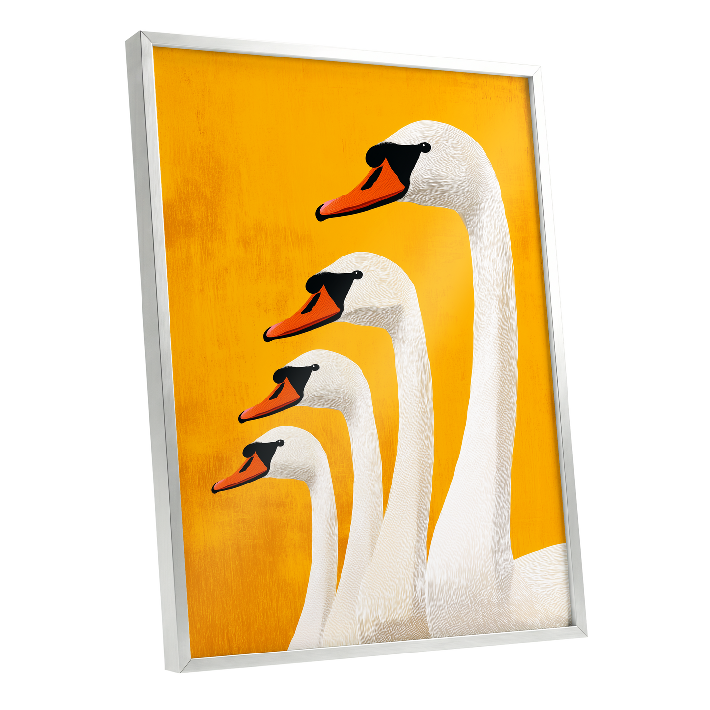 Golden Swan Procession, gold, orange, white nature wall art shown as a silver framed poster wall art print