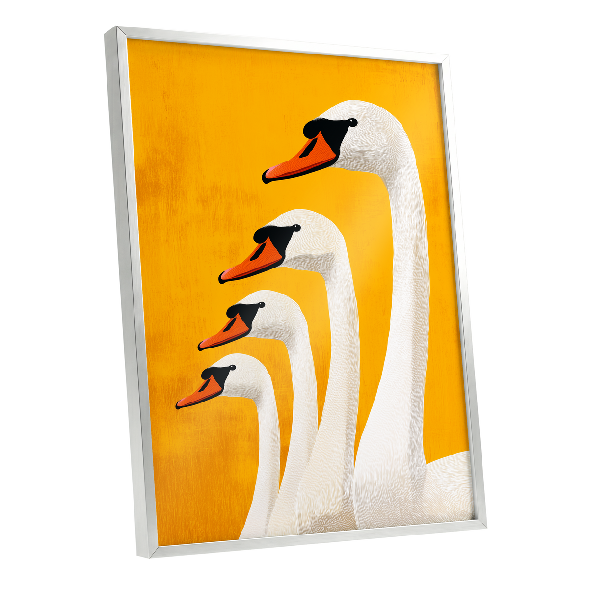 Golden Swan Procession, gold, orange, white nature wall art shown as a silver framed poster wall art print