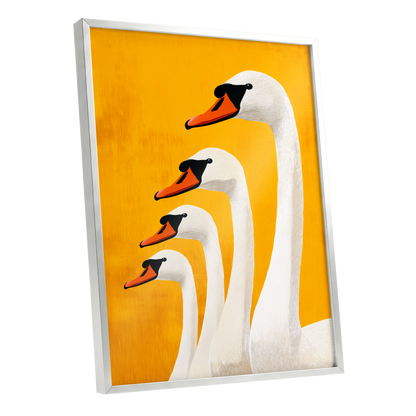 Golden Swan Procession, gold, orange, white nature wall art shown as a silver framed poster wall art print