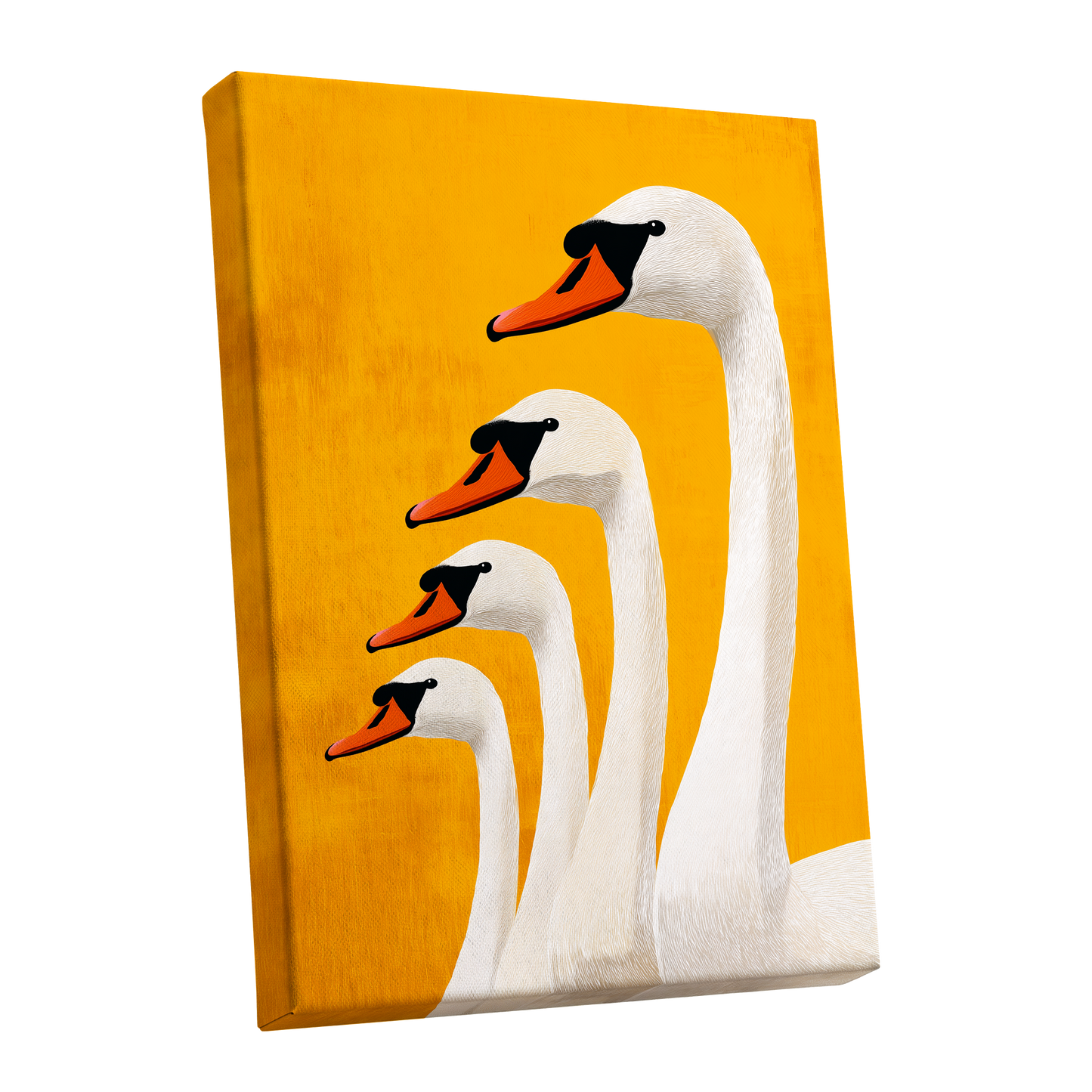 Golden Swan Procession, gold, orange, white nature wall art shown as a stretched canvas wall art