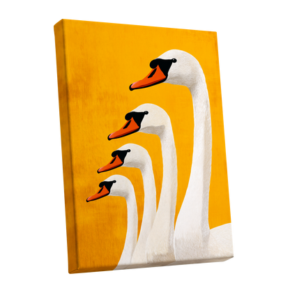 Golden Swan Procession, gold, orange, white nature wall art shown as a stretched canvas wall art