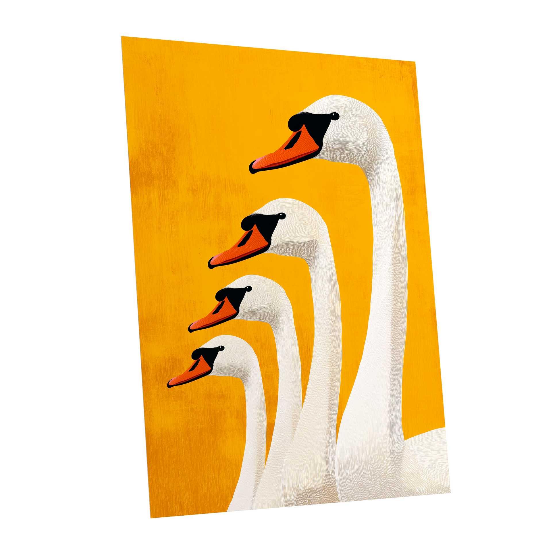 Golden Swan Procession, gold, orange, white nature wall art shown as a unframed poster wall art print
