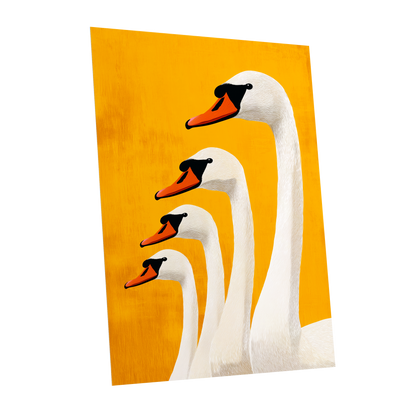 Golden Swan Procession, gold, orange, white nature wall art shown as a unframed poster wall art print