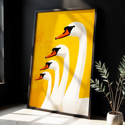 Golden Swan Procession, gold, orange, white nature wall art displayed in a styled interior, gallery view 2