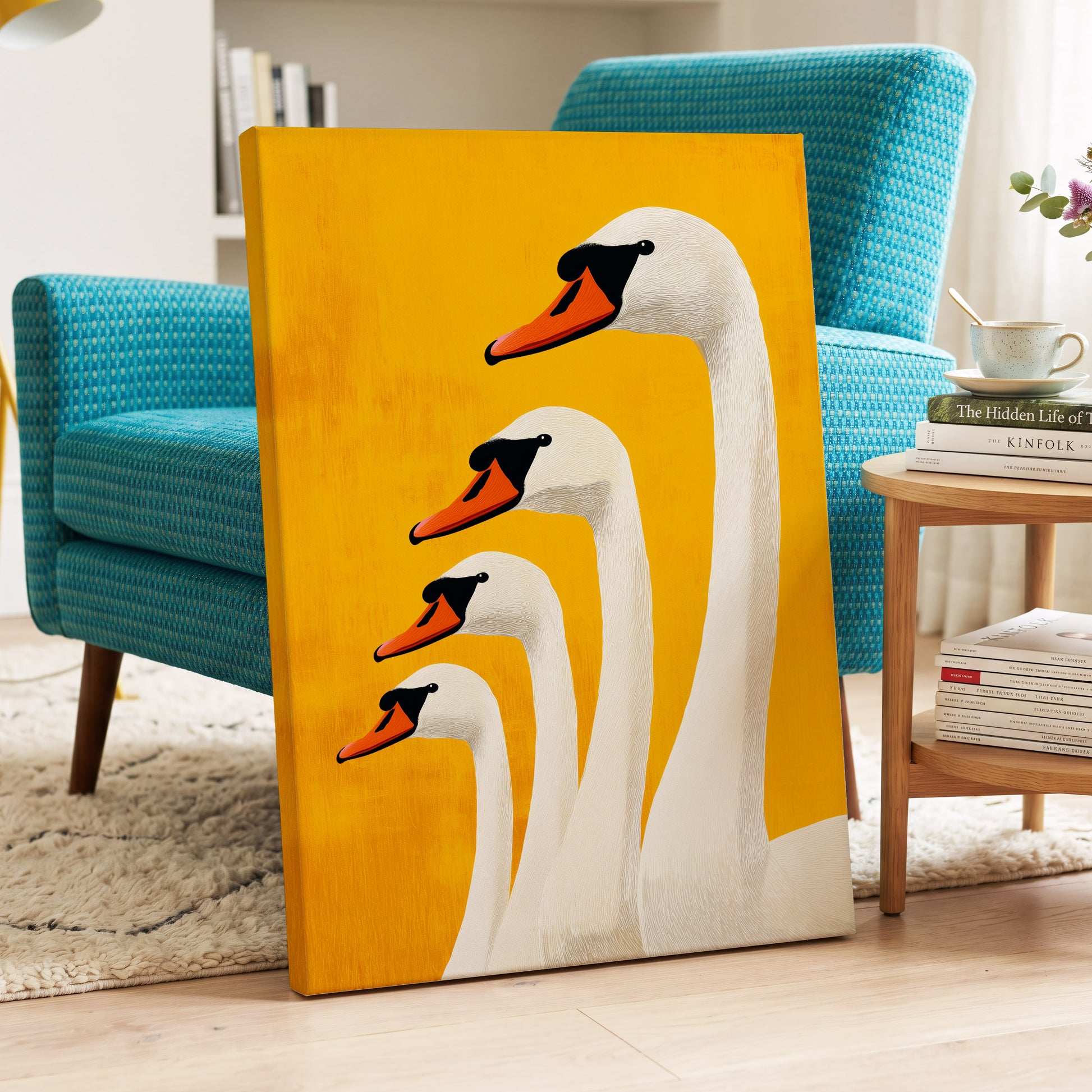 Golden Swan Procession, gold, orange, white nature wall art displayed in a styled interior, gallery view 3