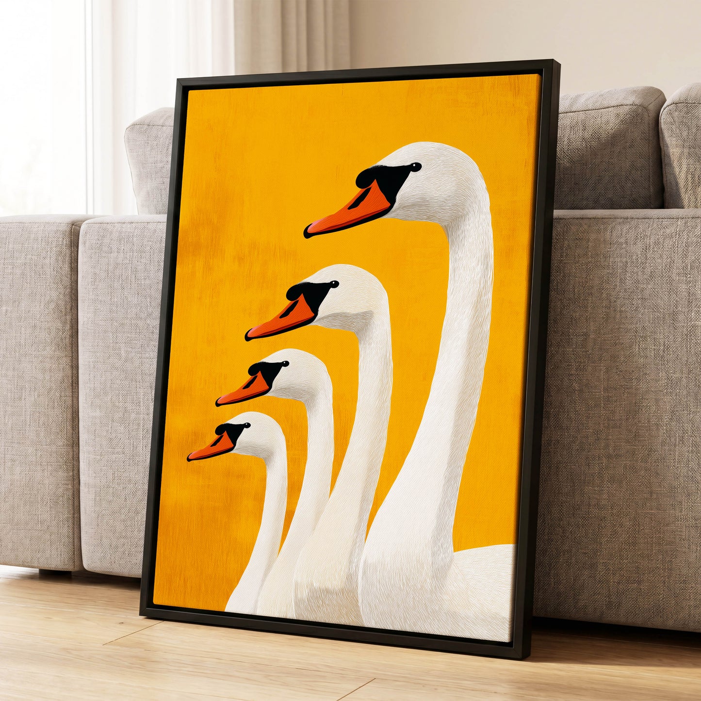 Golden Swan Procession, gold, orange, white nature wall art displayed in a styled interior, gallery view 4