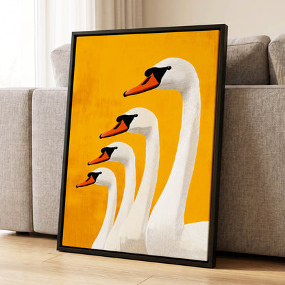 Golden Swan Procession, gold, orange, white nature wall art displayed in a styled interior, gallery view 4
