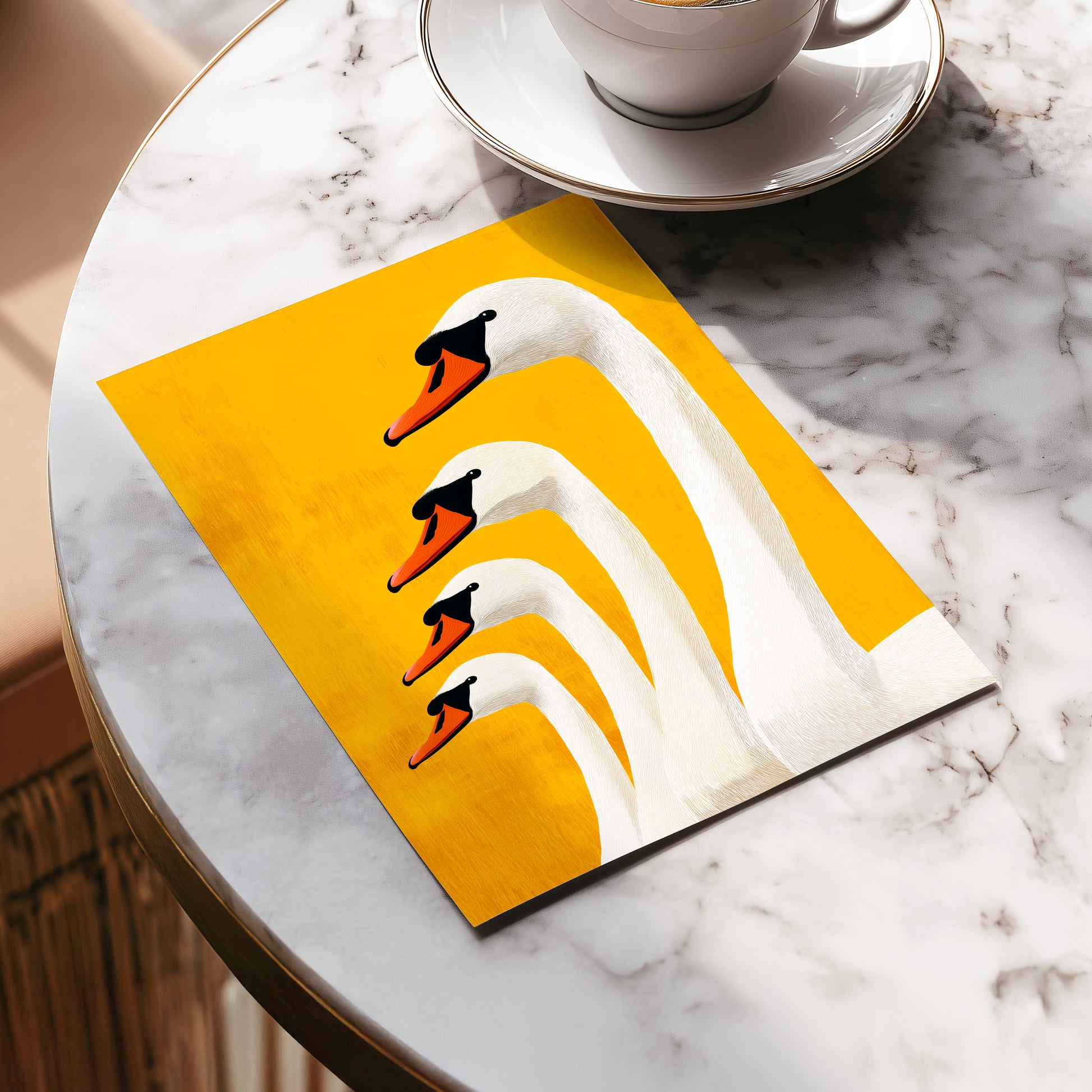 Golden Swan Procession, gold, orange, white nature wall art displayed in a styled interior, gallery view 5