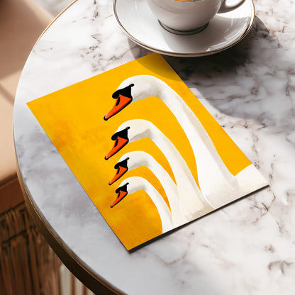 Golden Swan Procession, gold, orange, white nature wall art displayed in a styled interior, gallery view 5