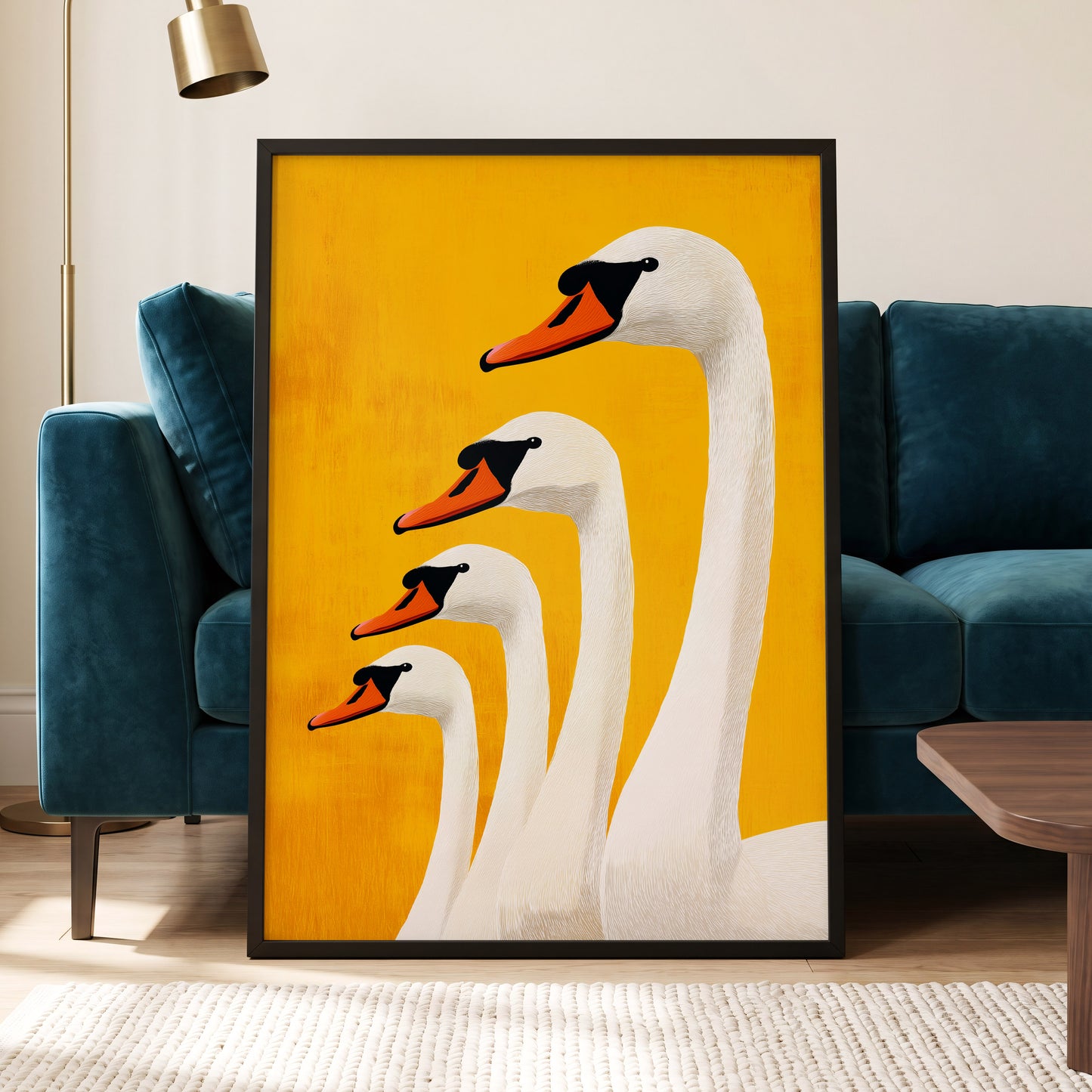 Golden Swan Procession, gold, orange, white nature wall art displayed in a styled interior, gallery view 6