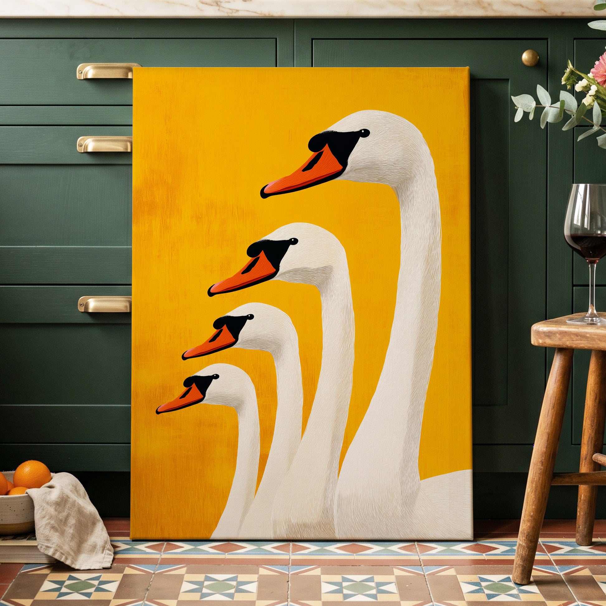 Golden Swan Procession, gold, orange, white nature wall art displayed in a styled interior, gallery view 7