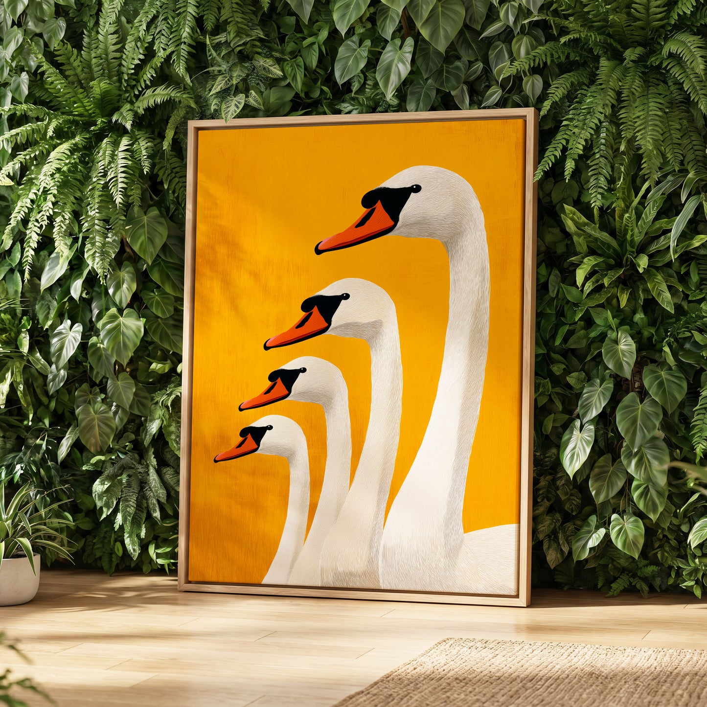 Golden Swan Procession, gold, orange, white nature wall art displayed in a styled interior, gallery view 8