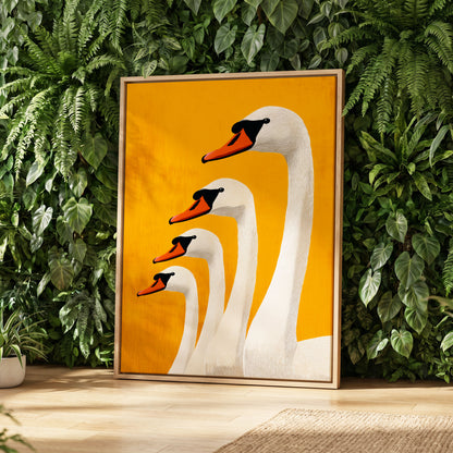Golden Swan Procession, gold, orange, white nature wall art displayed in a styled interior, gallery view 8