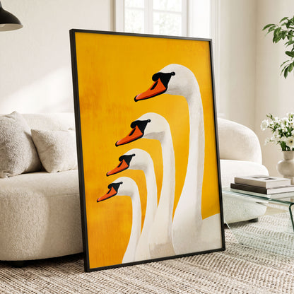 Golden Swan Procession, gold, orange, white nature wall art displayed in a styled interior, gallery view 9