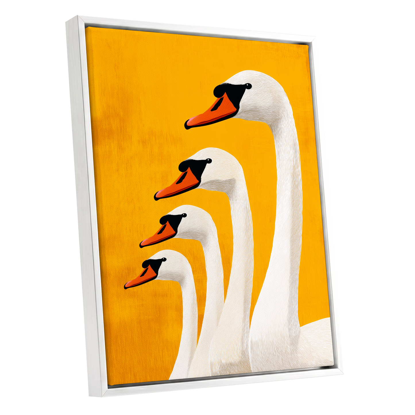 Golden Swan Procession, gold, orange, white nature wall art shown as a white framed canvas wall art