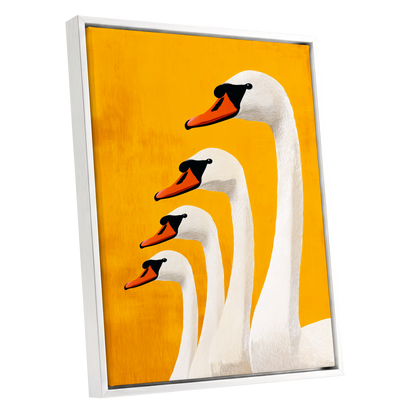 Golden Swan Procession, gold, orange, white nature wall art shown as a white framed canvas wall art