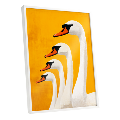Golden Swan Procession, gold, orange, white nature wall art shown as a white framed poster wall art print