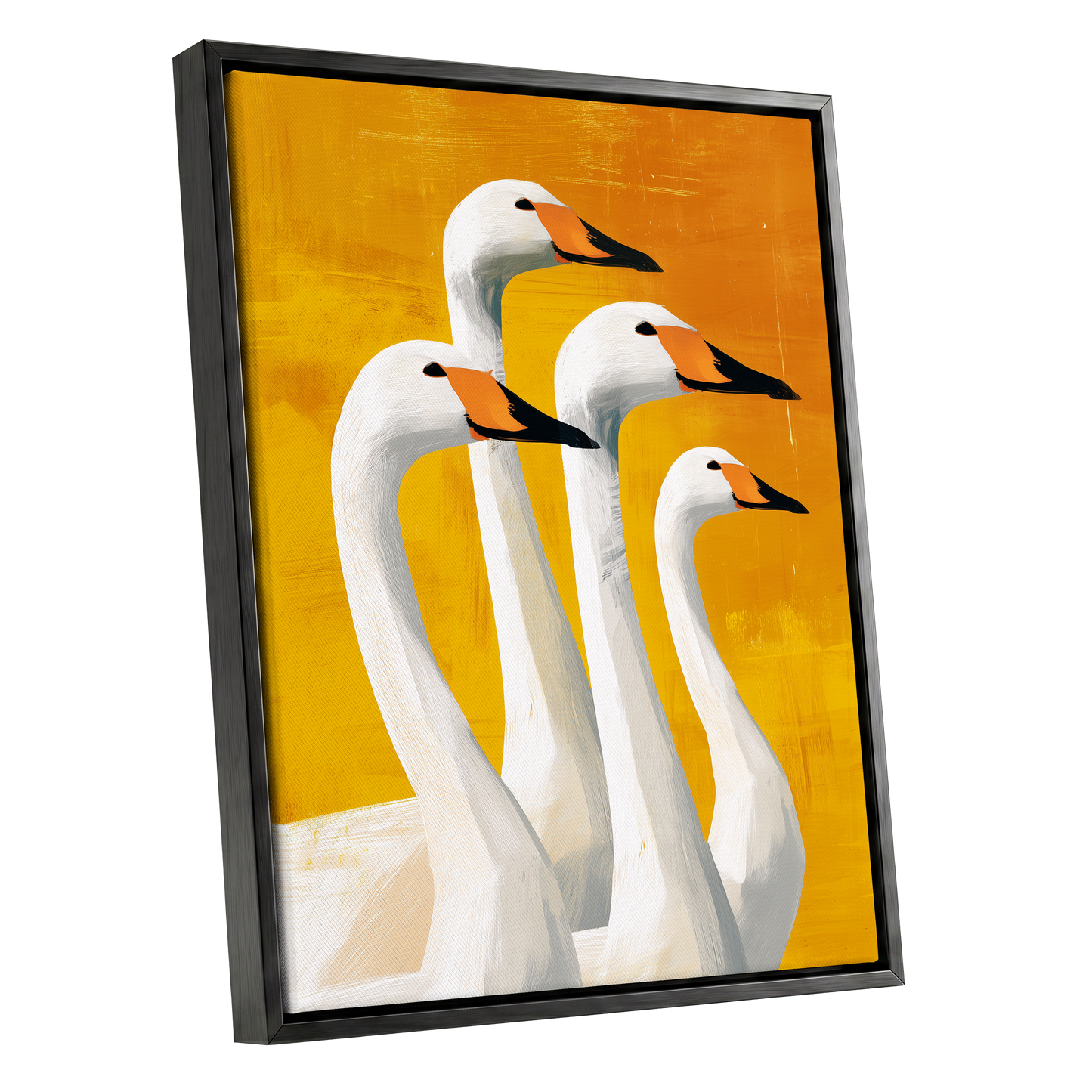 Golden Swan Quartet, white, gold, yellow nature wall art shown as a black framed canvas wall art