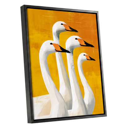 Golden Swan Quartet, white, gold, yellow nature wall art shown as a black framed canvas wall art