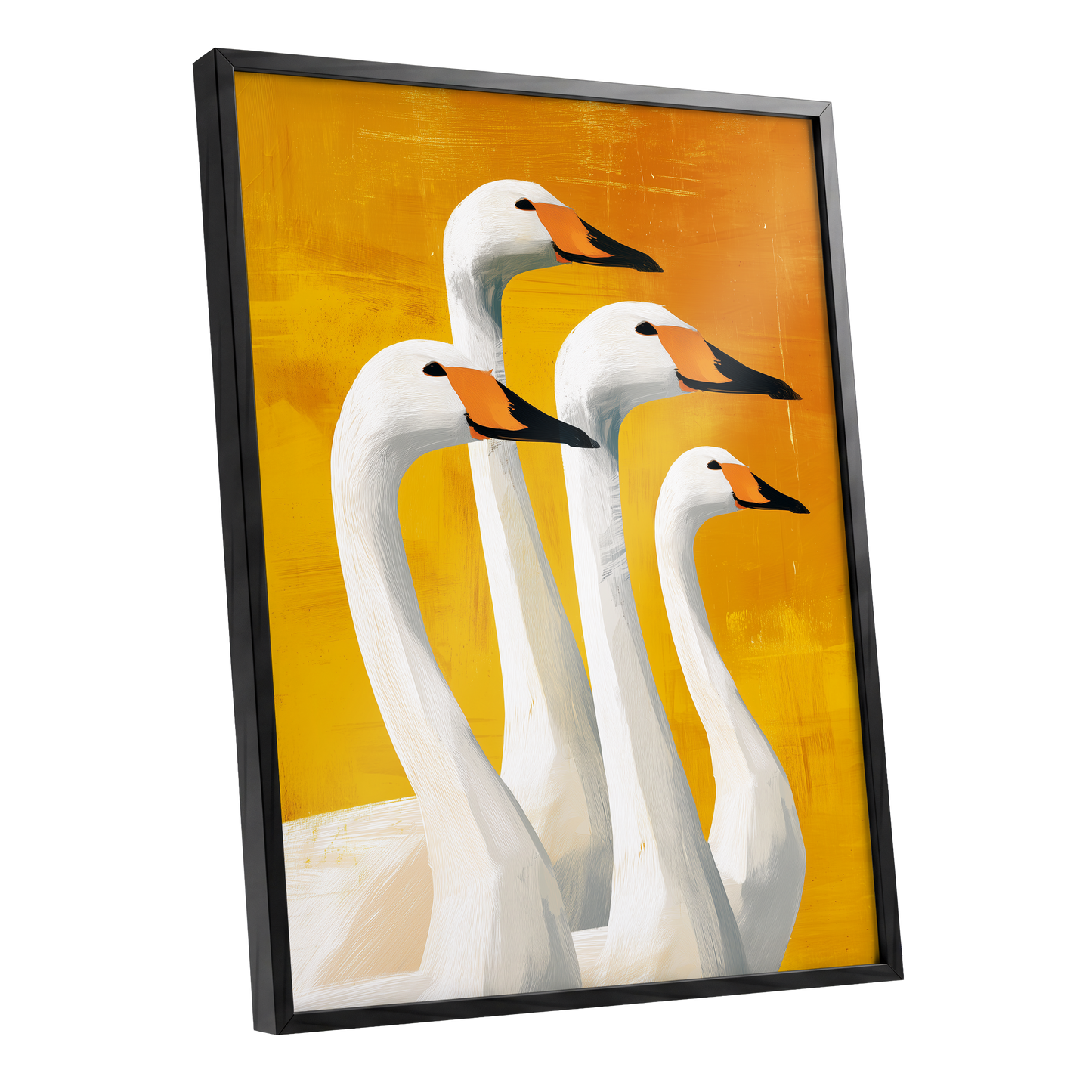 Golden Swan Quartet, white, gold, yellow nature wall art shown as a black framed poster wall art print