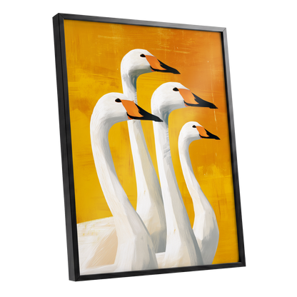 Golden Swan Quartet, white, gold, yellow nature wall art shown as a black framed poster wall art print