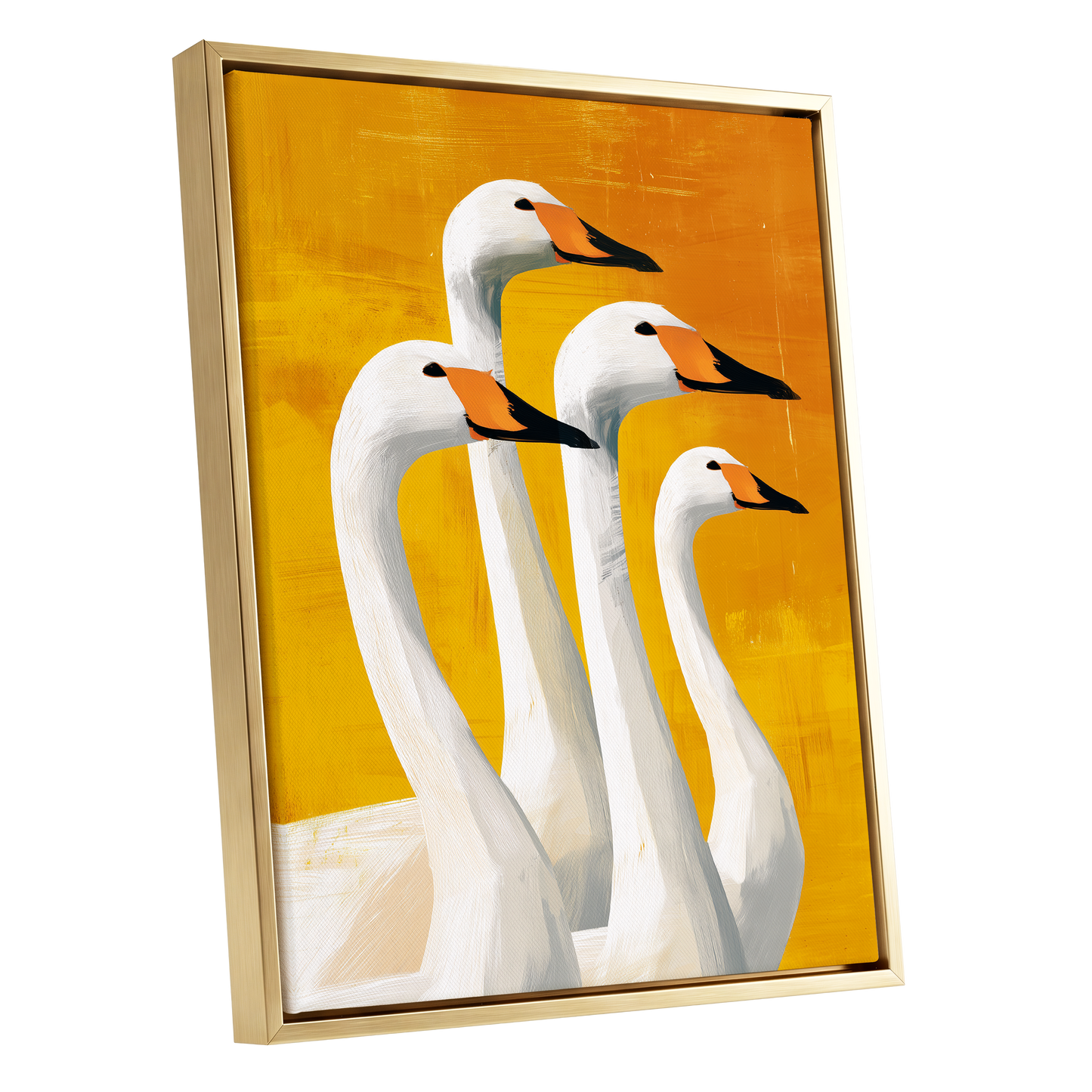 Golden Swan Quartet, white, gold, yellow nature wall art shown as a gold framed canvas wall art