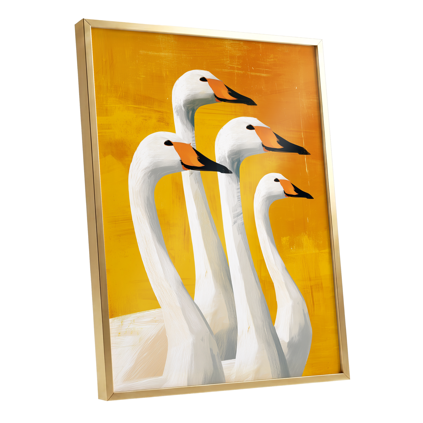 Golden Swan Quartet, white, gold, yellow nature wall art shown as a gold framed poster wall art print