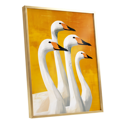Golden Swan Quartet, white, gold, yellow nature wall art shown as a gold framed poster wall art print