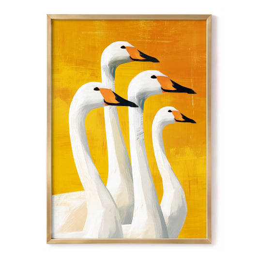 Golden Swan Quartet, white, gold, yellow nature wall art, front artwork view