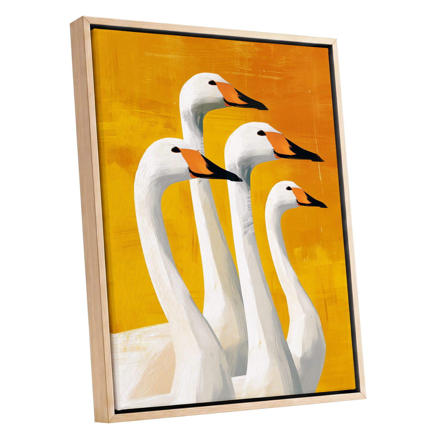 Golden Swan Quartet, white, gold, yellow nature wall art shown as a oak framed canvas wall art