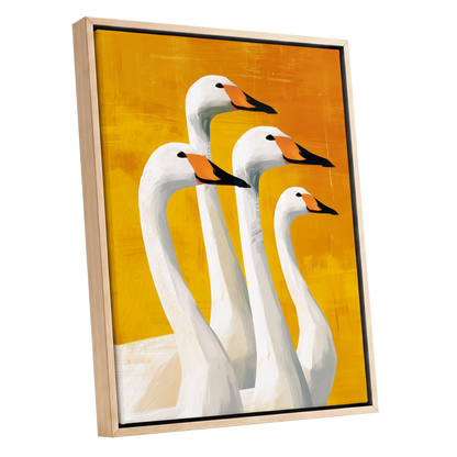 Golden Swan Quartet, white, gold, yellow nature wall art shown as a oak framed canvas wall art