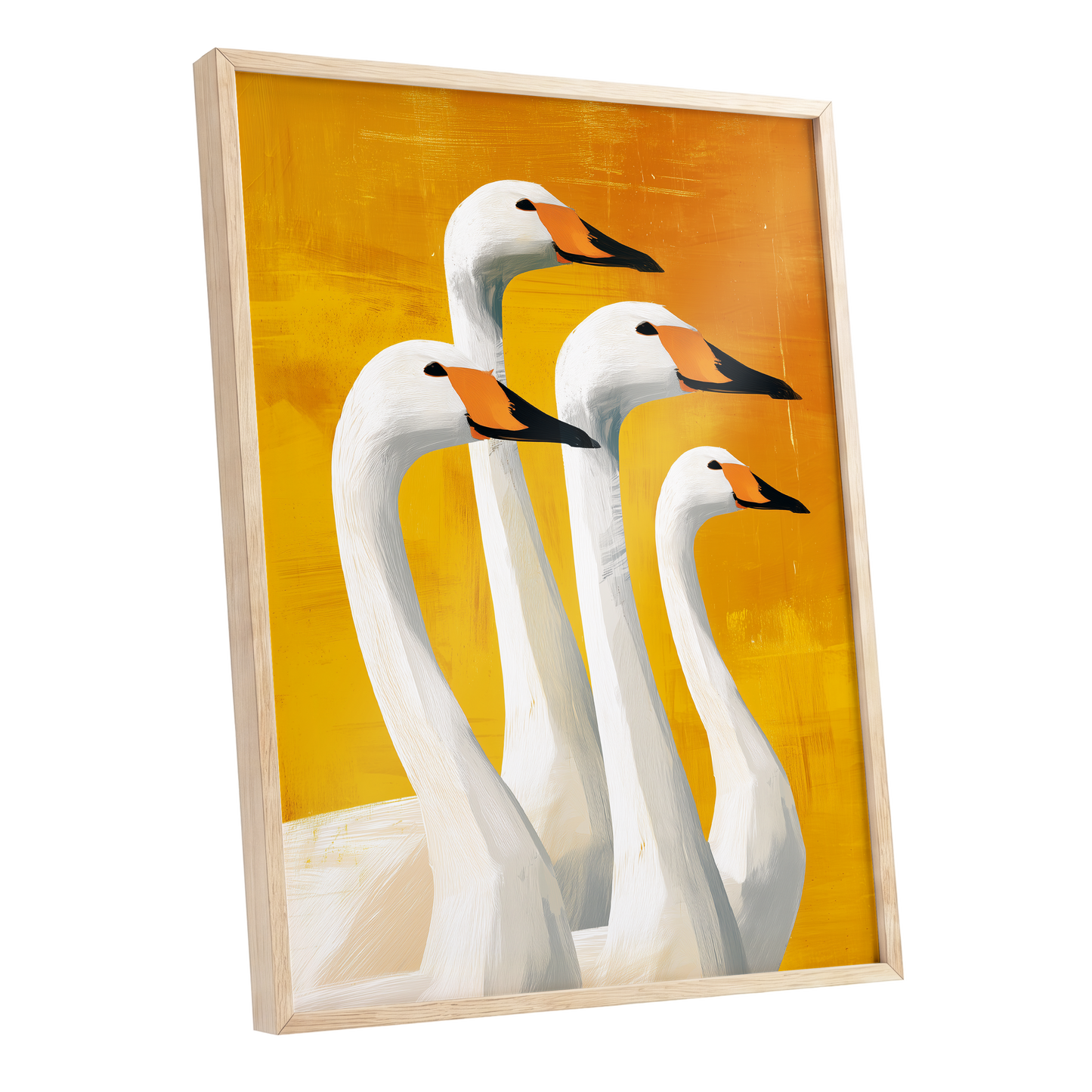 Golden Swan Quartet, white, gold, yellow nature wall art shown as a oak framed poster wall art print