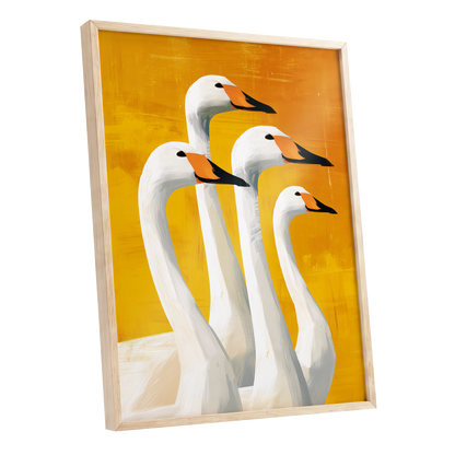 Golden Swan Quartet, white, gold, yellow nature wall art shown as a oak framed poster wall art print