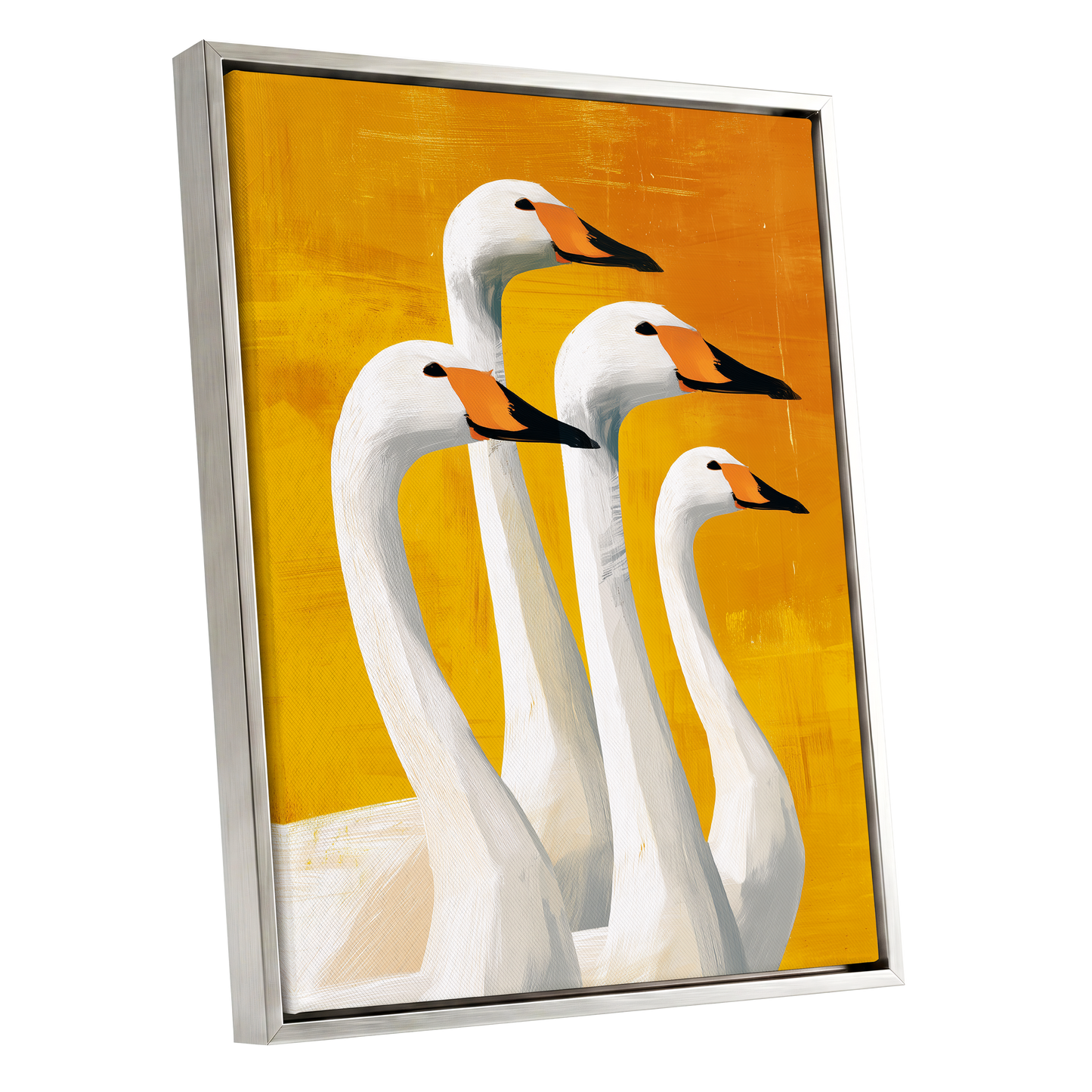 Golden Swan Quartet, white, gold, yellow nature wall art shown as a silver framed canvas wall art