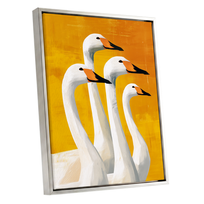 Golden Swan Quartet, white, gold, yellow nature wall art shown as a silver framed canvas wall art