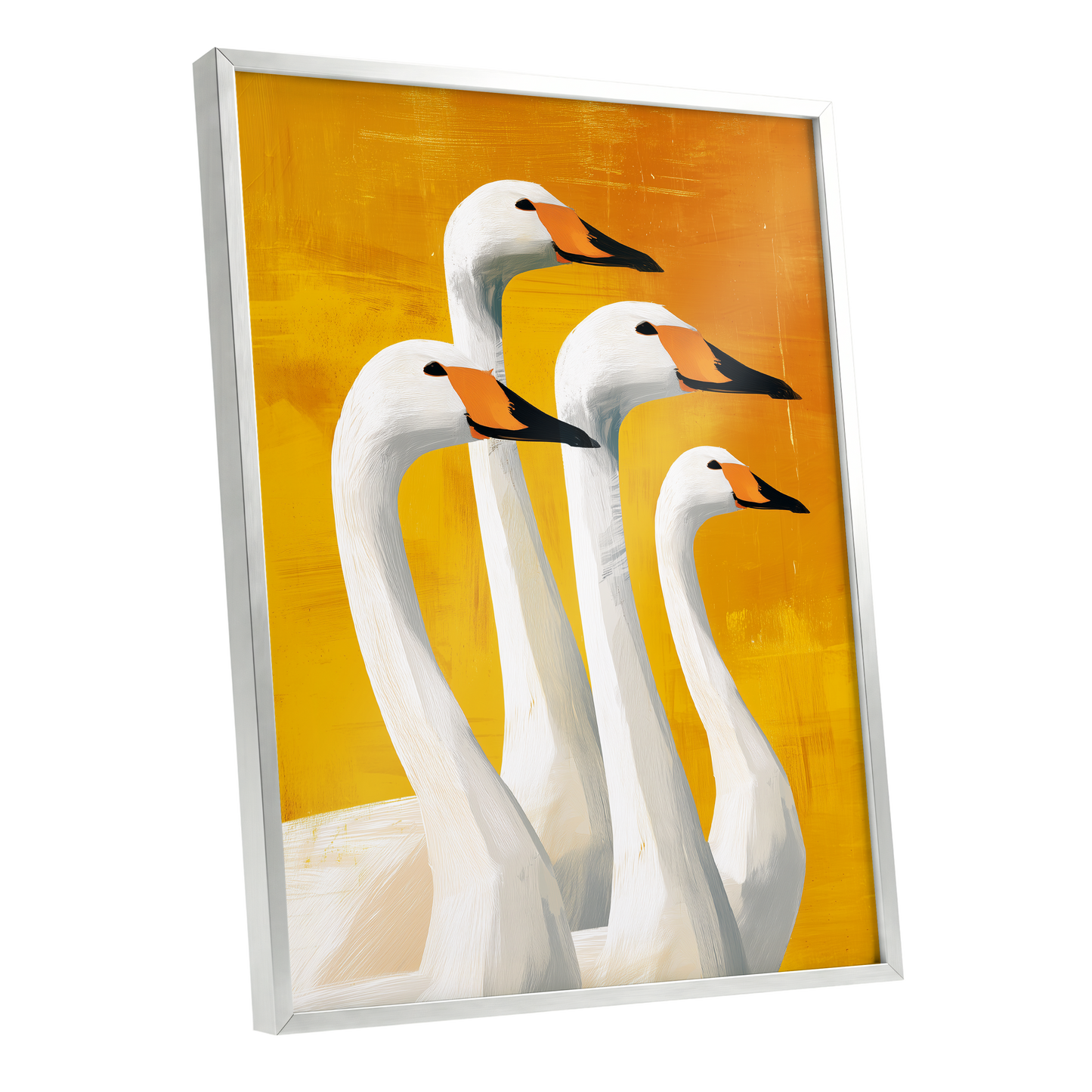 Golden Swan Quartet, white, gold, yellow nature wall art shown as a silver framed poster wall art print