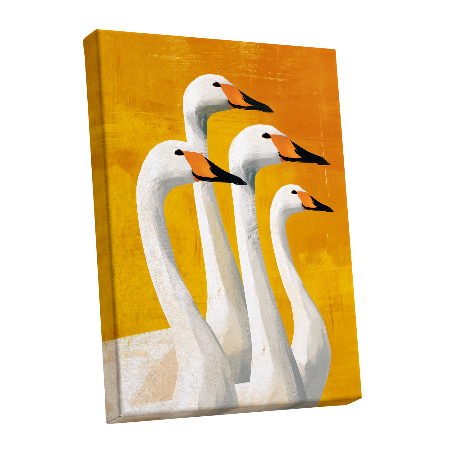 Golden Swan Quartet, white, gold, yellow nature wall art shown as a stretched canvas wall art