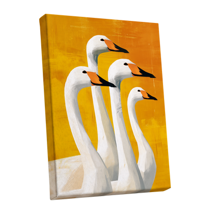 Golden Swan Quartet, white, gold, yellow nature wall art shown as a stretched canvas wall art