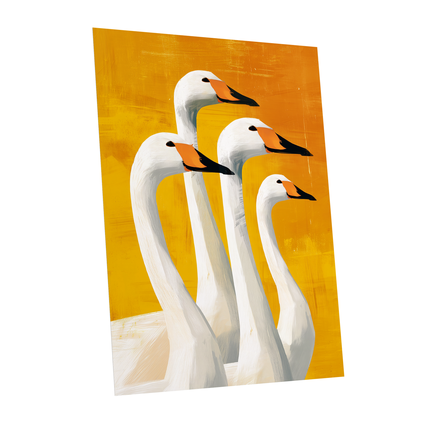 Golden Swan Quartet, white, gold, yellow nature wall art shown as a unframed poster wall art print