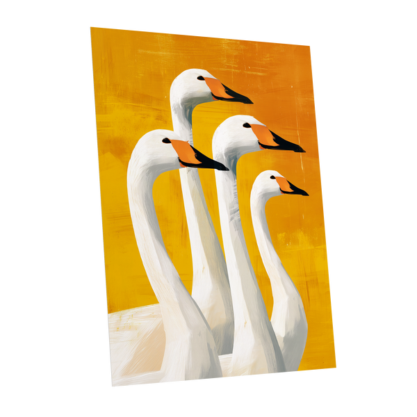 Golden Swan Quartet, white, gold, yellow nature wall art shown as a unframed poster wall art print