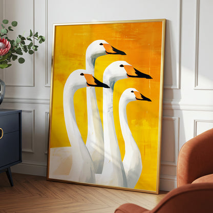 Golden Swan Quartet, white, gold, yellow nature wall art displayed in a styled interior, gallery view 2