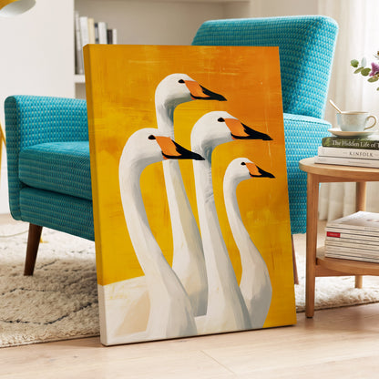 Golden Swan Quartet, white, gold, yellow nature wall art displayed in a styled interior, gallery view 3
