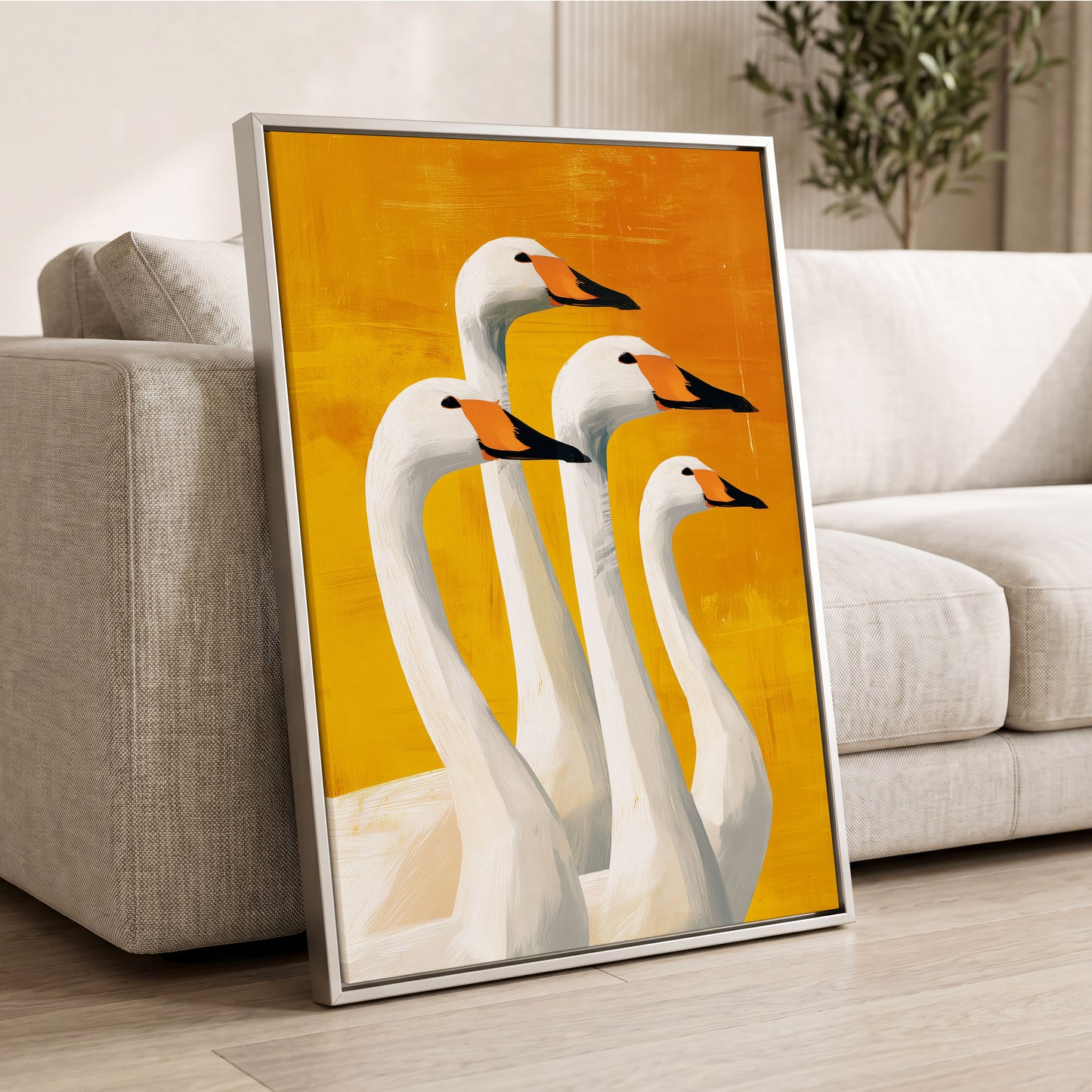 Golden Swan Quartet, white, gold, yellow nature wall art displayed in a styled interior, gallery view 4