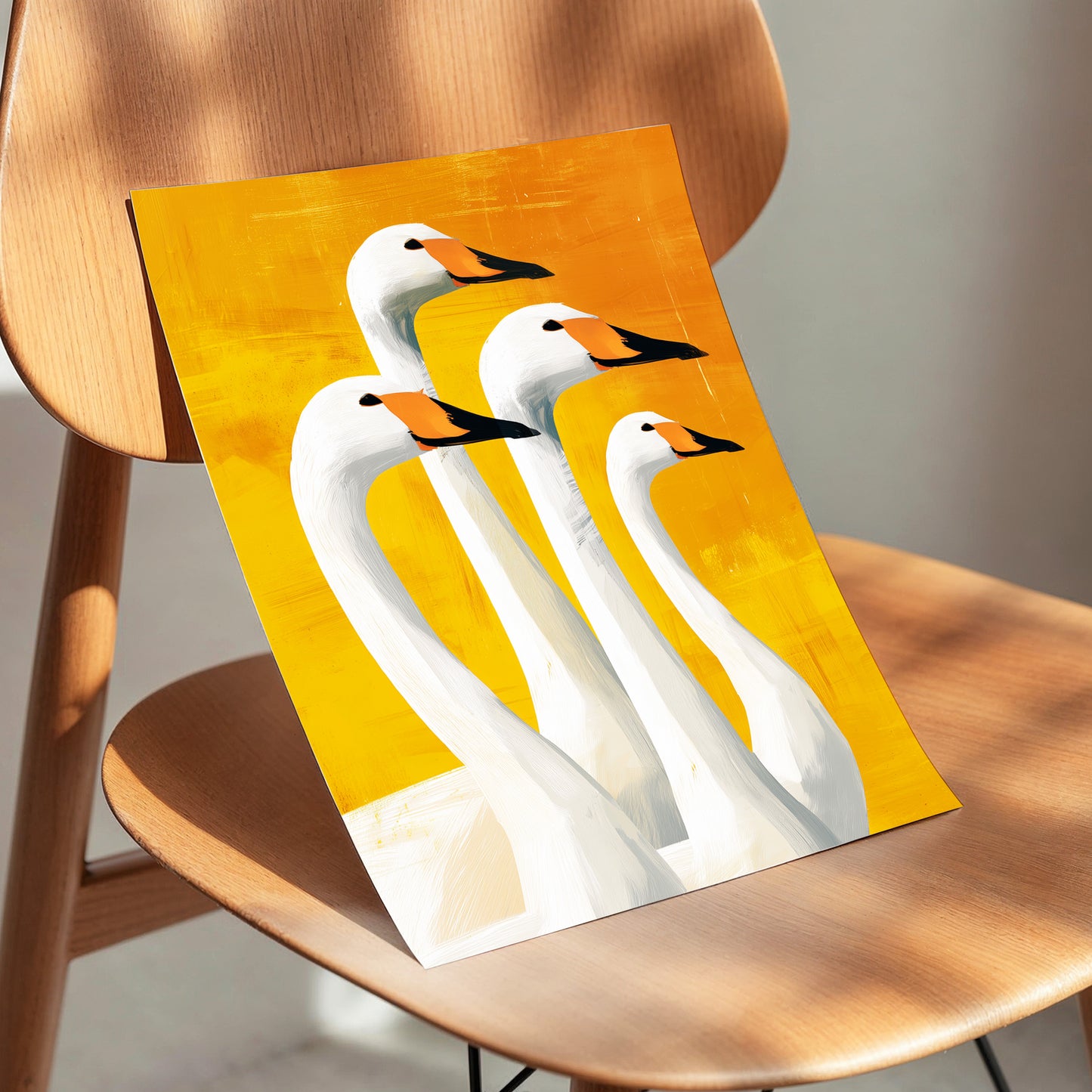 Golden Swan Quartet, white, gold, yellow nature wall art displayed in a styled interior, gallery view 5
