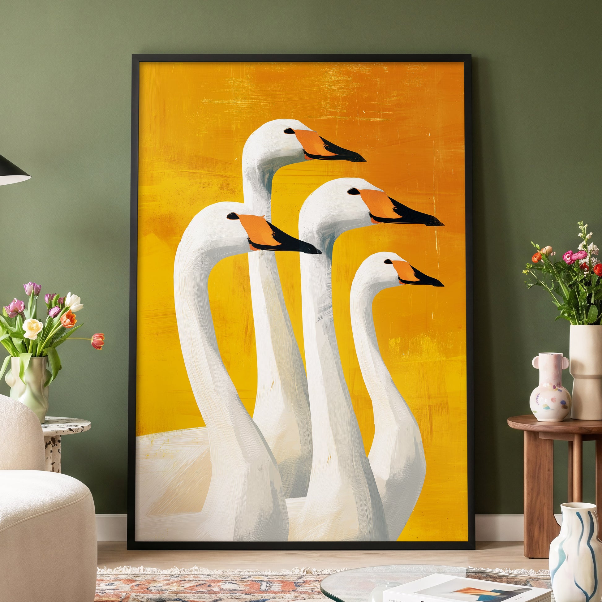 Golden Swan Quartet, white, gold, yellow nature wall art displayed in a styled interior, gallery view 6