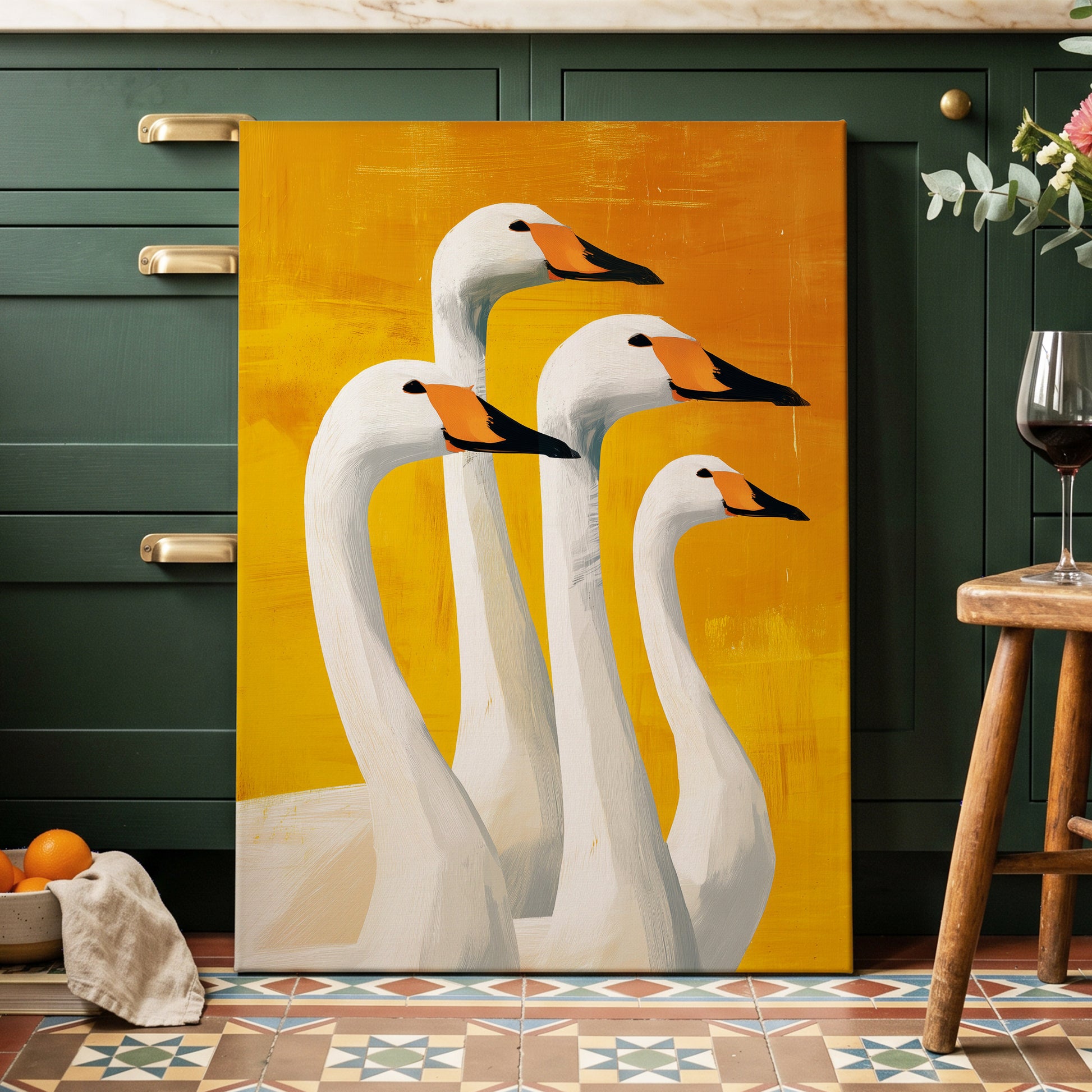 Golden Swan Quartet, white, gold, yellow nature wall art displayed in a styled interior, gallery view 7