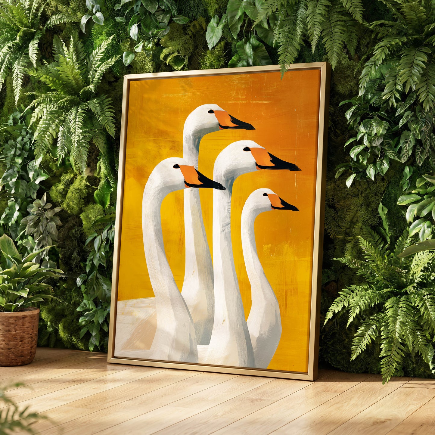 Golden Swan Quartet, white, gold, yellow nature wall art displayed in a styled interior, gallery view 8