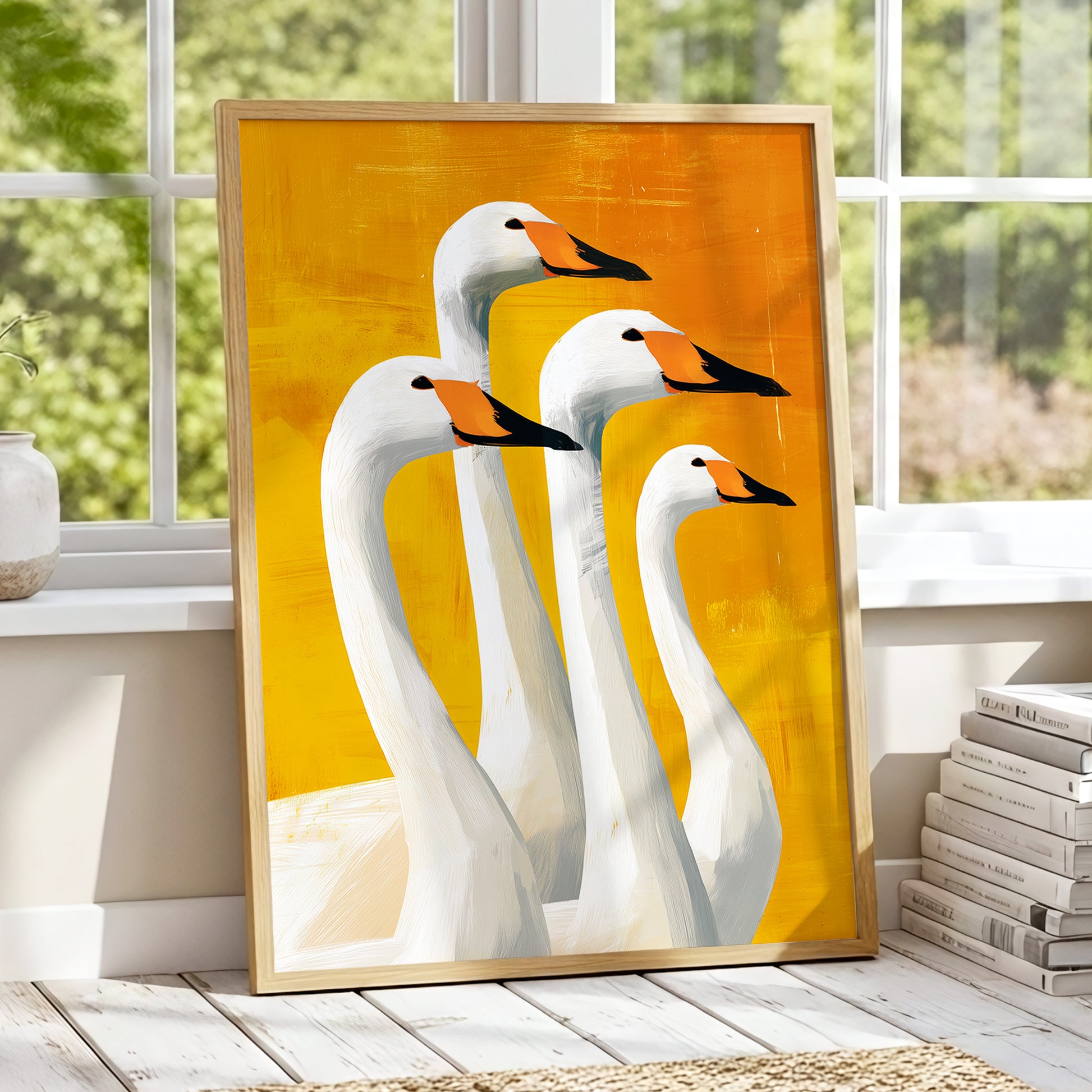 Golden Swan Quartet, white, gold, yellow nature wall art displayed in a styled interior, gallery view 9